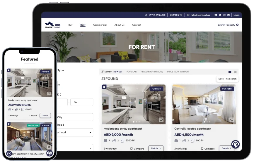 A responsive view of a real estate business website on both Mobile and tablet